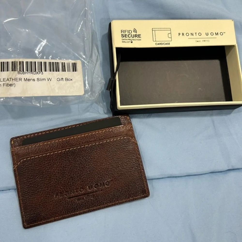Pronto Uomo Men’s Brown Leather RFID Slim Card Holder Wallet New With Box